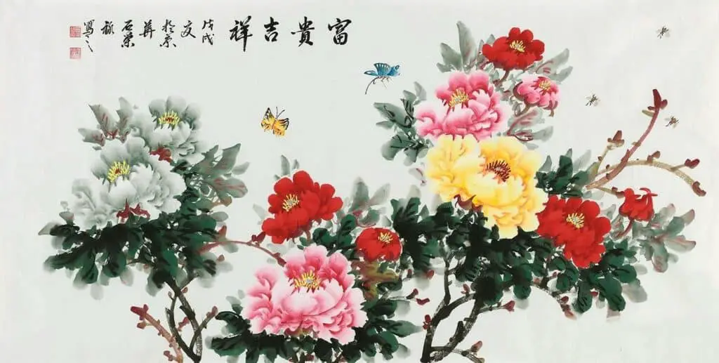 Chinese Ink Painting of Peonies, by Shi Rong Lu