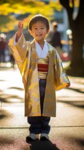 A cute boy with a golden Happi coat on Japan's street