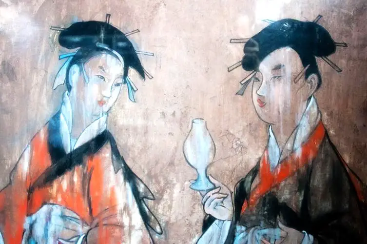 Another mural from the Eastern Han Dynasty Dahuting tomb. Women with many hairpins on their hair