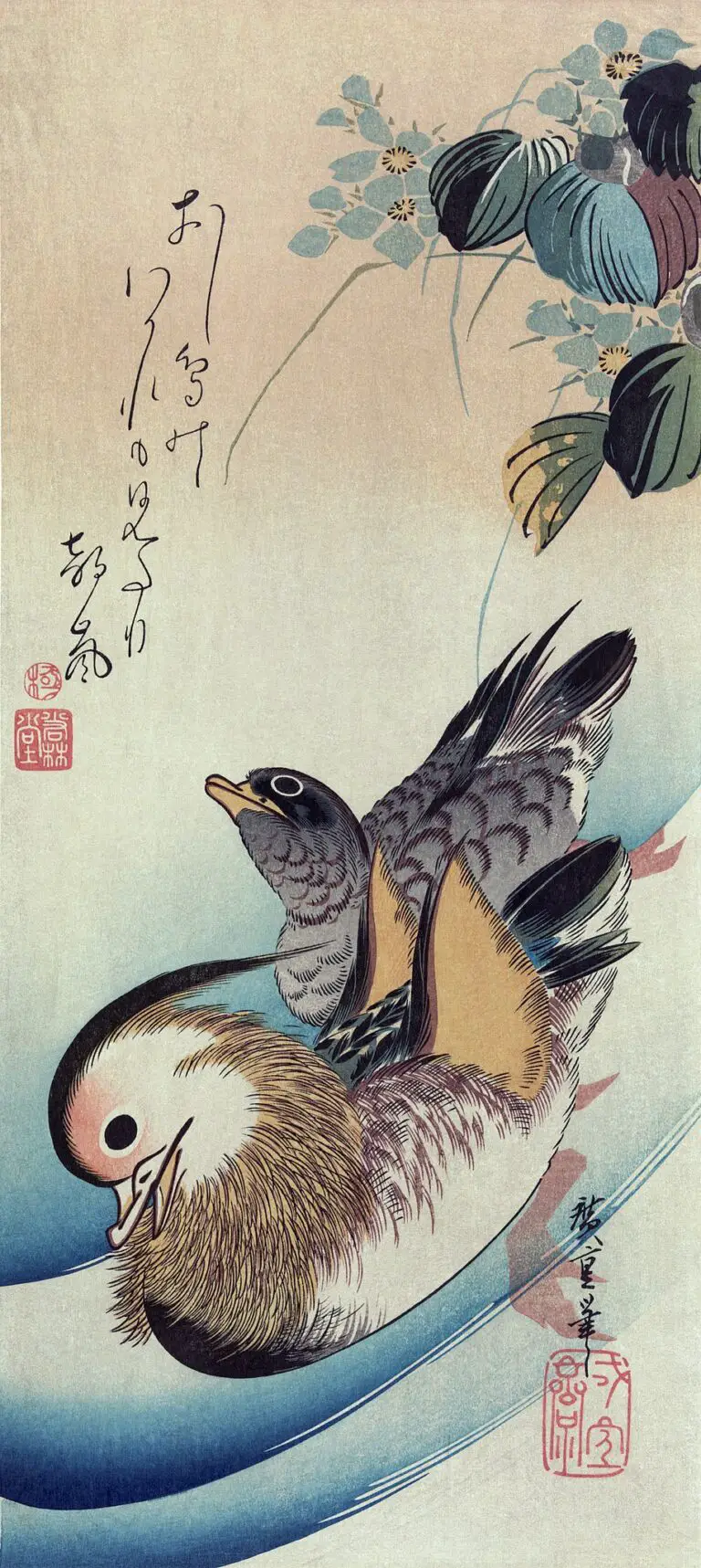 "Mandarin Ducks" Color Woodcut