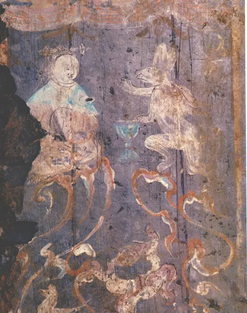 A moon rabbit gives the elixir of immortality to the Queen Mother of the West in a wall painting of a Late Western Han Dynasty tomb in China