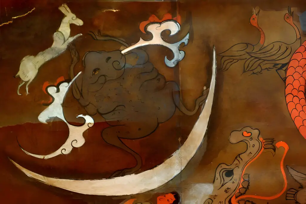 A rabbit and a toad on the moon on an ancient silk painting of Mawangdui in China