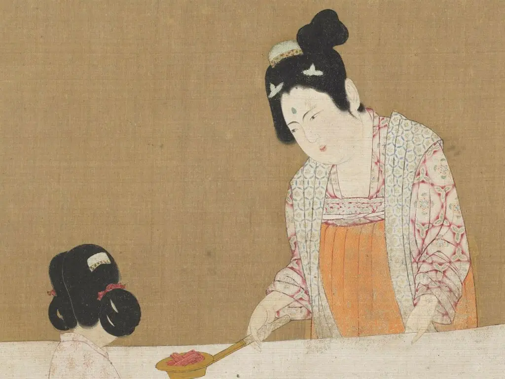 Another court lady in the Tang Dynasty drawing "Court Ladies Preparing Newly Woven Silk"