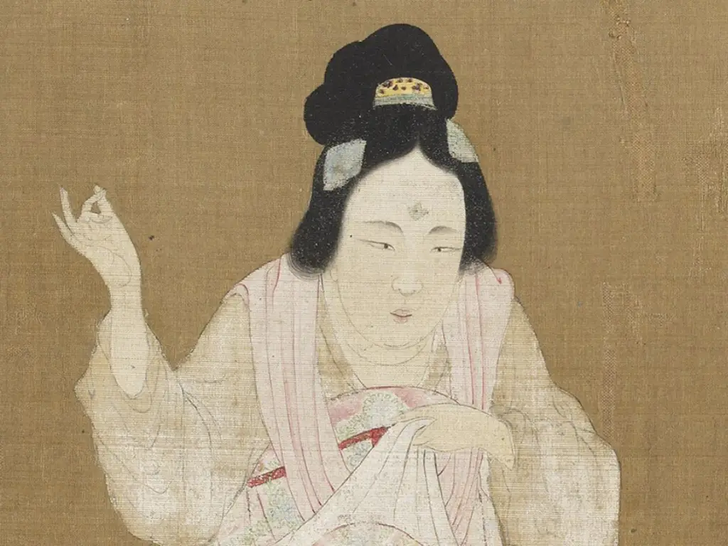One court lady in the Tang Dynasty drawing "Court Ladies Preparing Newly Woven Silk"
